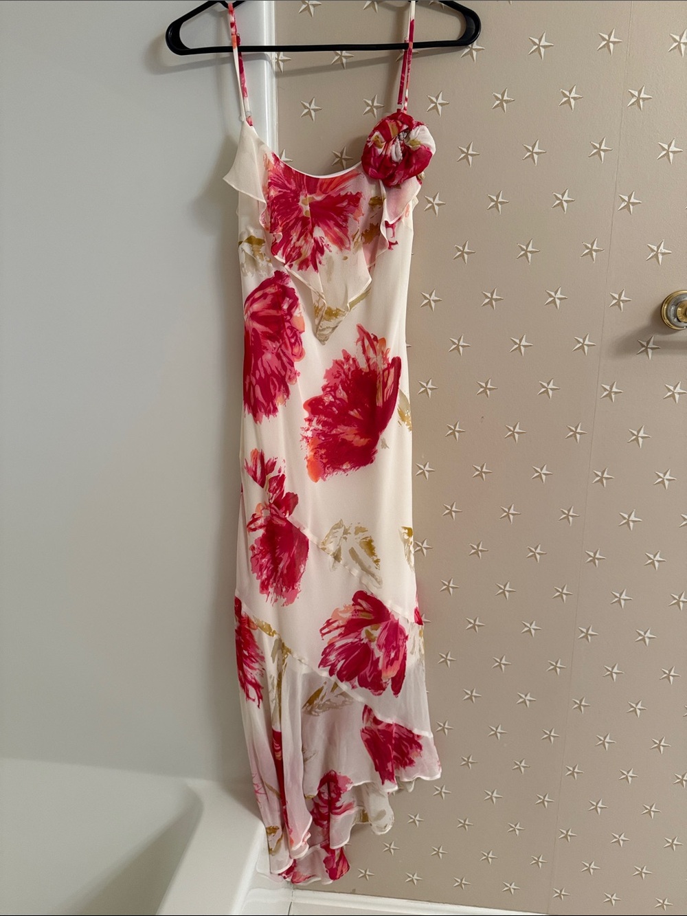 Cache White Midi Slip Dress with Pink Floral Print